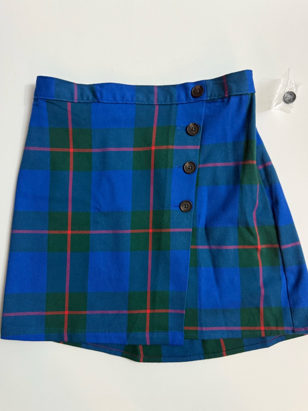 New, SO Blue and Green Plaid Button-Front Mini Skirt